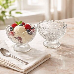 Vintage Clear Glass Hobnail Pedestal Dessert Bowls - Set of 2